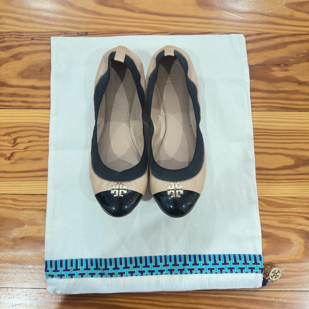 Tory Burch Tan and Black Cap-Toe Flats